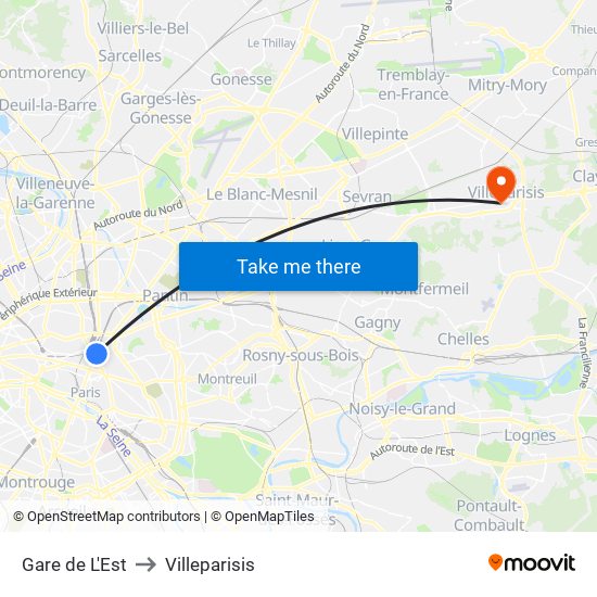 Gare de L'Est to Villeparisis map