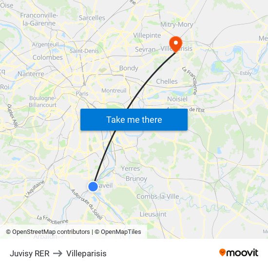 Juvisy RER to Villeparisis map