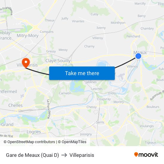 Gare de Meaux (Quai D) to Villeparisis map