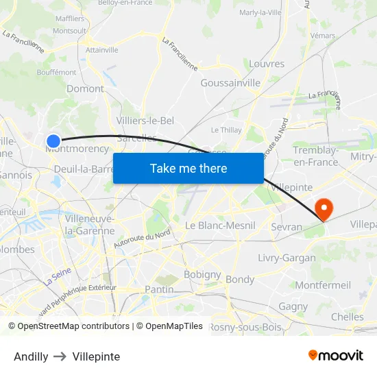Andilly to Villepinte map