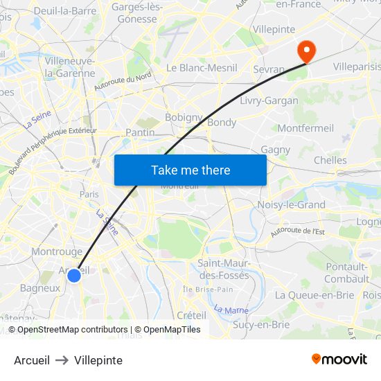 Arcueil to Villepinte map