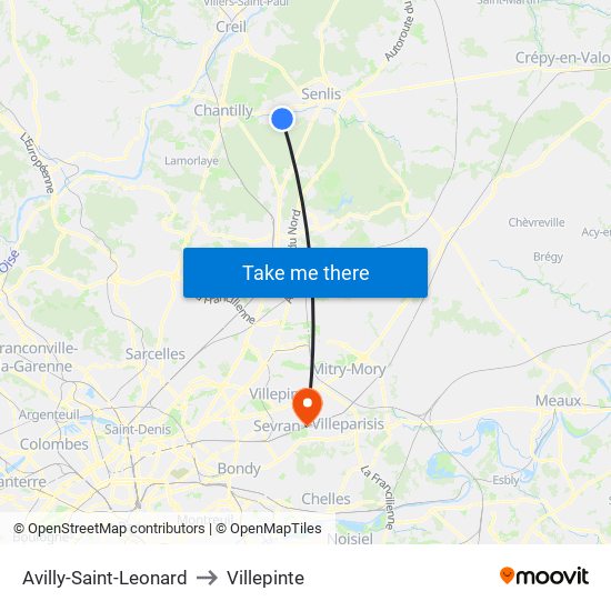 Avilly-Saint-Leonard to Villepinte map