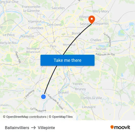 Ballainvilliers to Villepinte map