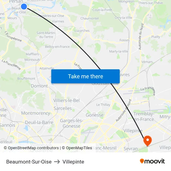 Beaumont-Sur-Oise to Villepinte map