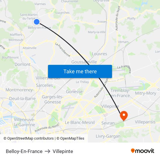 Belloy-En-France to Villepinte map