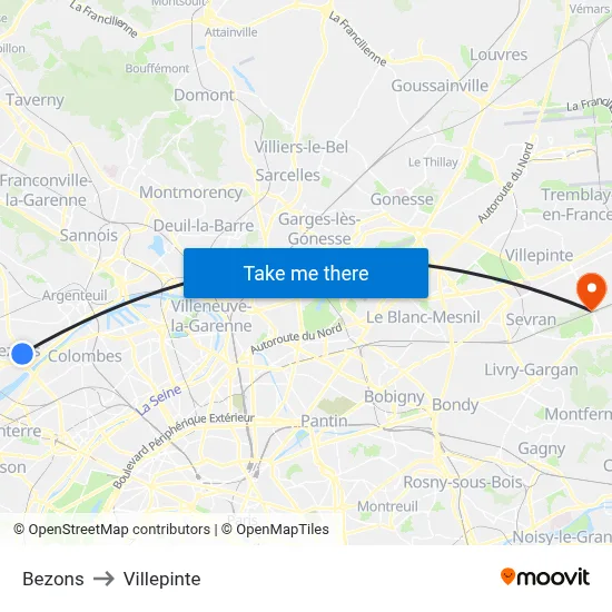 Bezons to Villepinte map