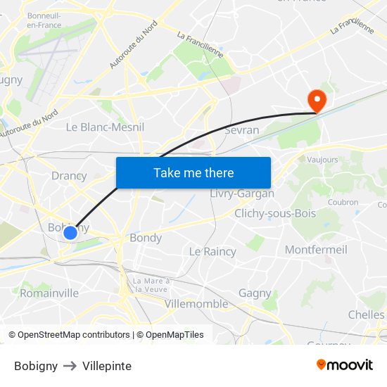 Bobigny to Villepinte map