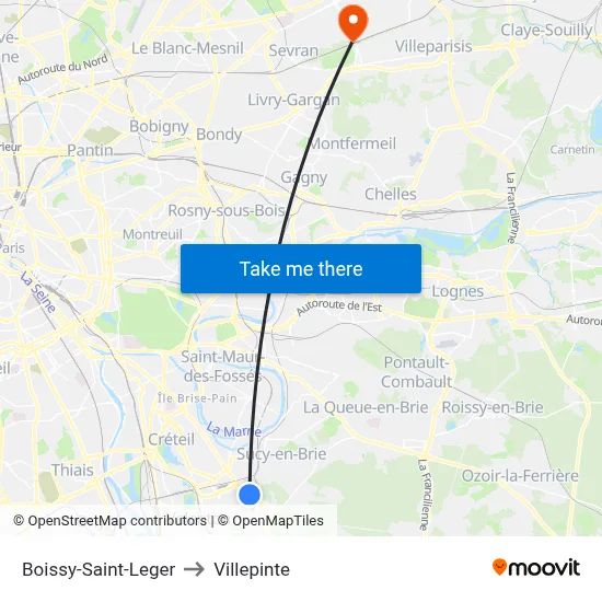 Boissy-Saint-Leger to Villepinte map