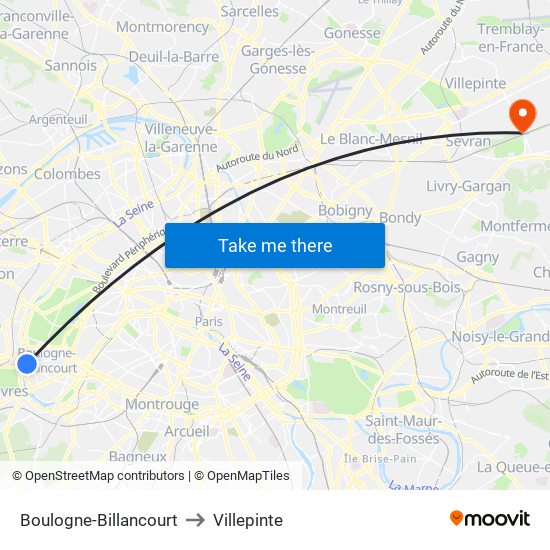 Boulogne-Billancourt to Villepinte map
