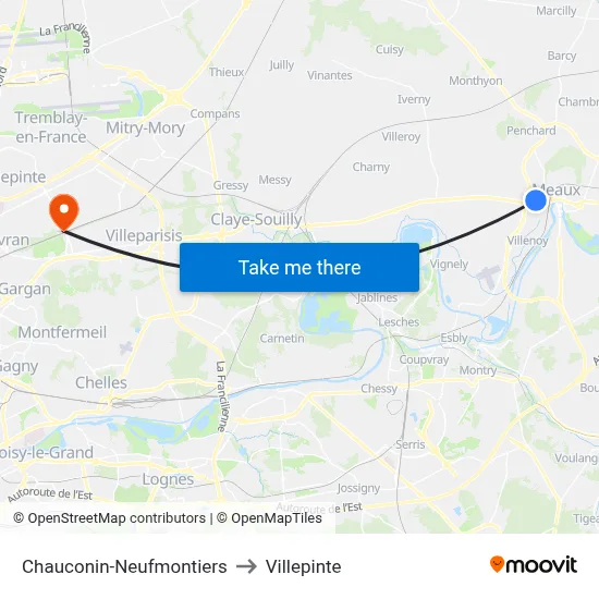 Chauconin-Neufmontiers to Villepinte map