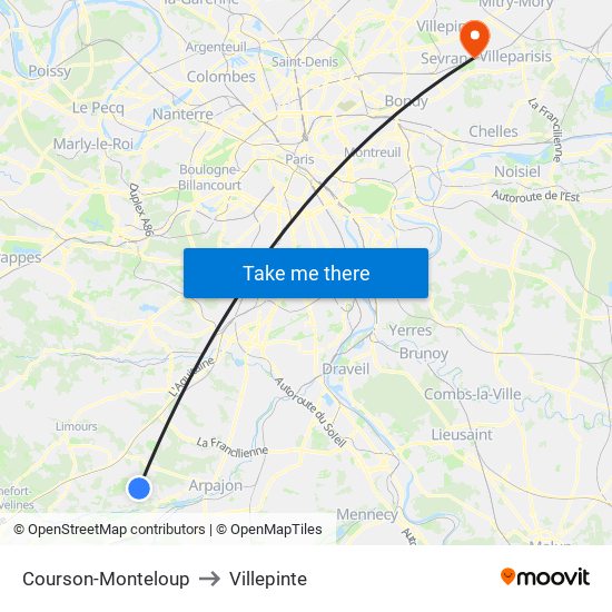 Courson-Monteloup to Villepinte map