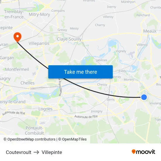 Coutevroult to Villepinte map