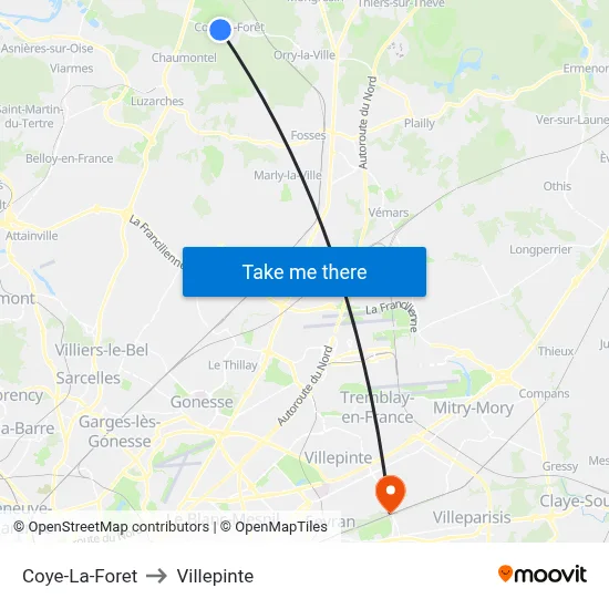 Coye-La-Foret to Villepinte map