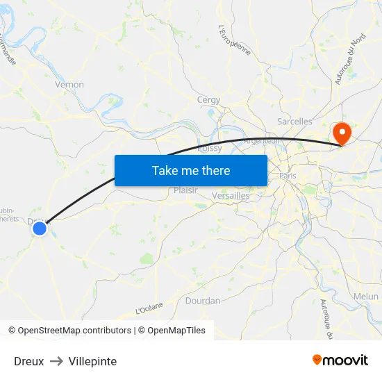 Dreux to Villepinte map