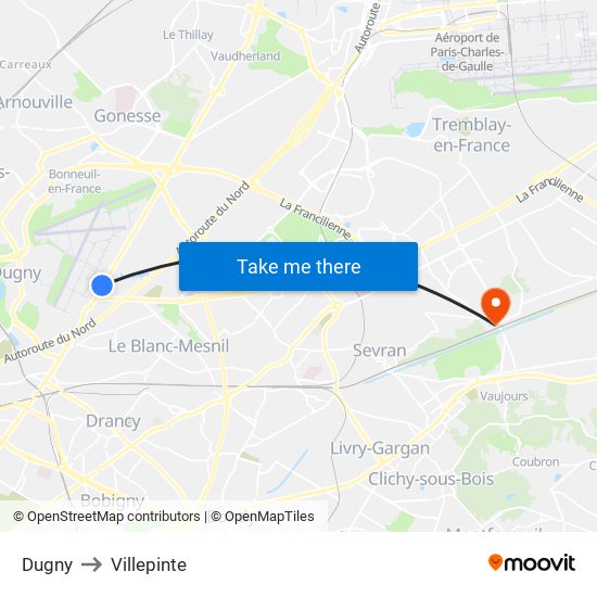 Dugny to Villepinte map