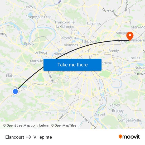 Elancourt to Villepinte map
