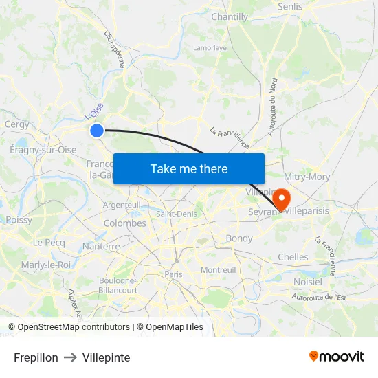 Frepillon to Villepinte map