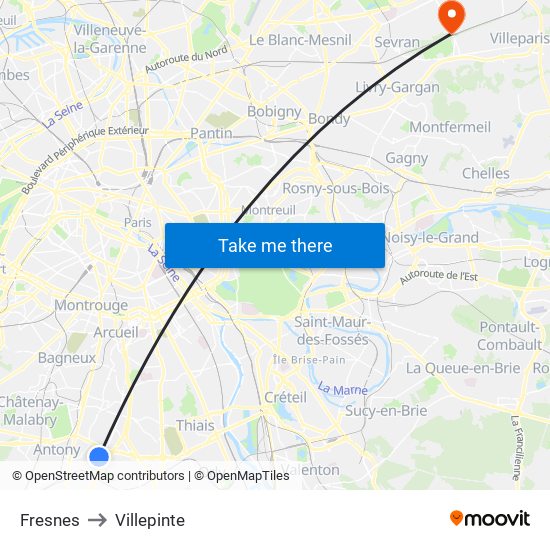 Fresnes to Villepinte map