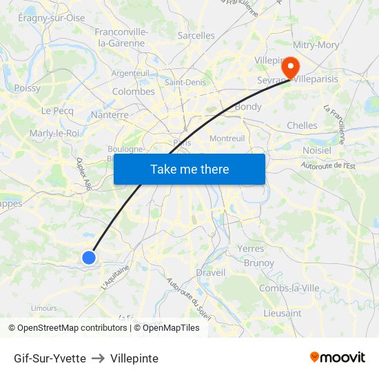 Gif-Sur-Yvette to Villepinte map