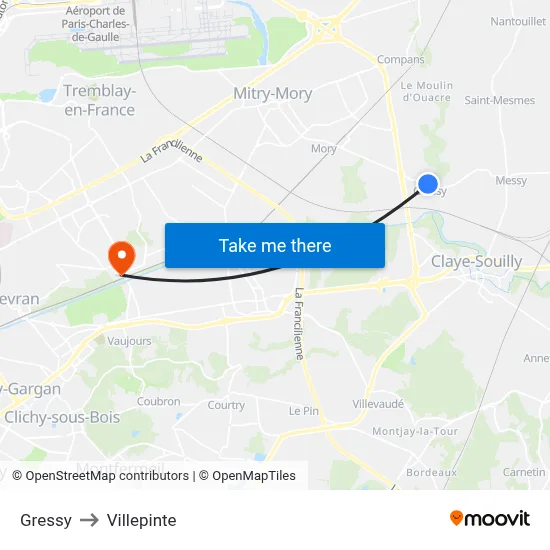 Gressy to Villepinte map