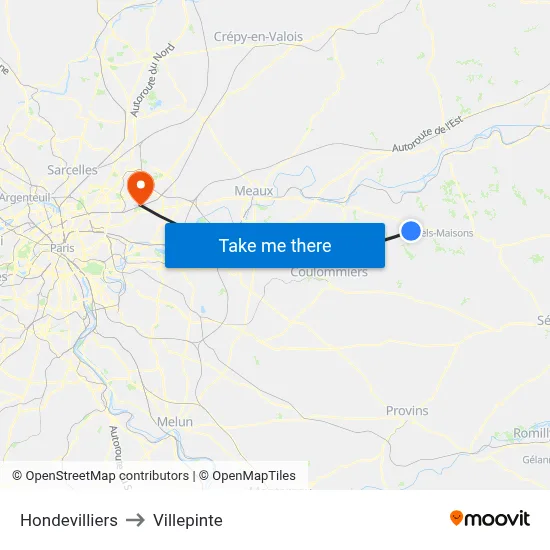 Hondevilliers to Villepinte map