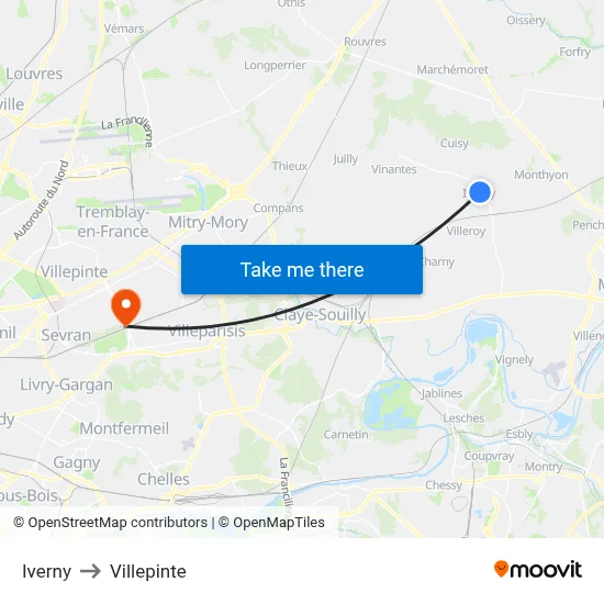 Iverny to Villepinte map