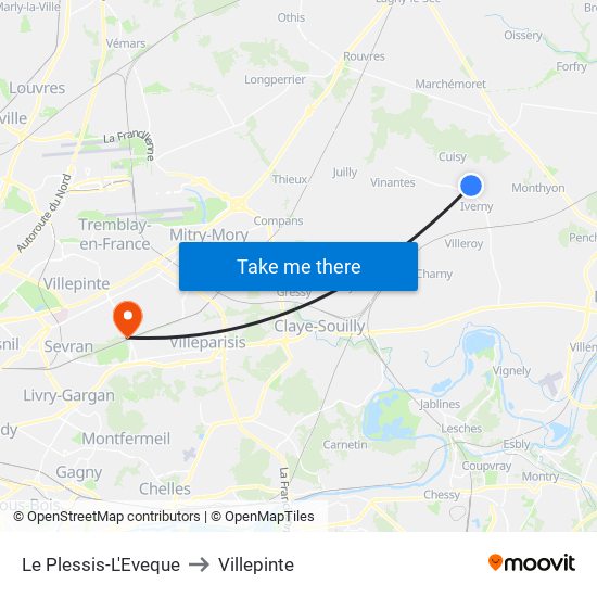 Le Plessis-L'Eveque to Villepinte map