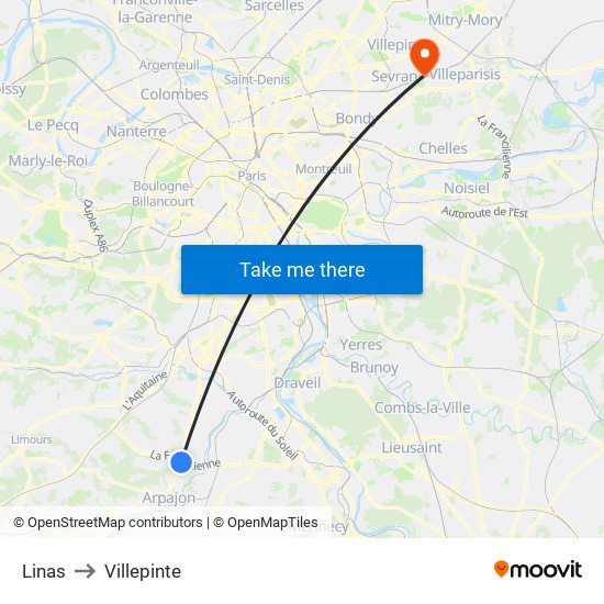Linas to Villepinte map