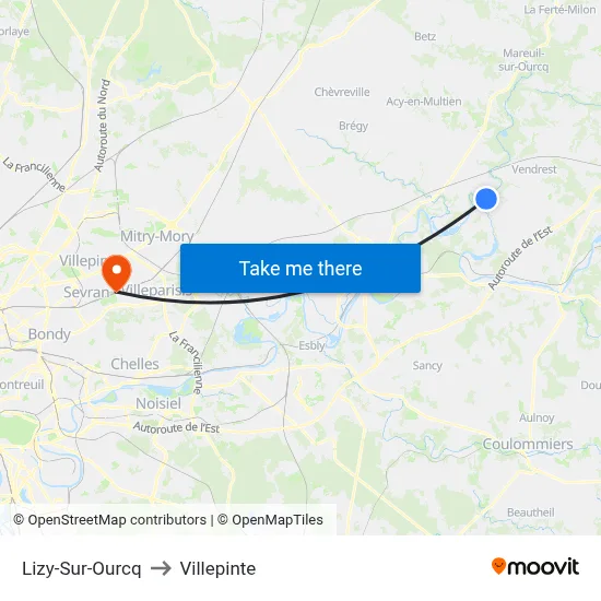 Lizy-Sur-Ourcq to Villepinte map