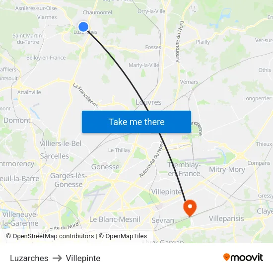 Luzarches to Villepinte map