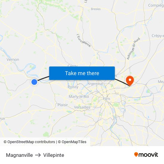 Magnanville to Villepinte map