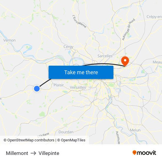 Millemont to Villepinte map