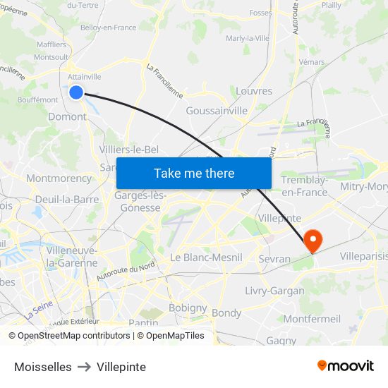 Moisselles to Villepinte map