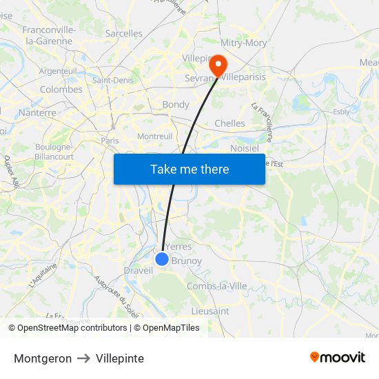 Montgeron to Villepinte map