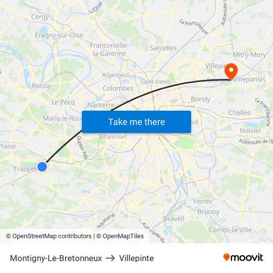 Montigny-Le-Bretonneux to Villepinte map
