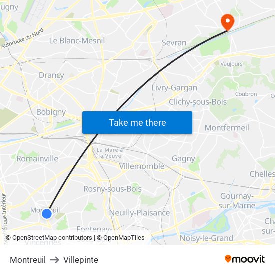 Montreuil to Villepinte map