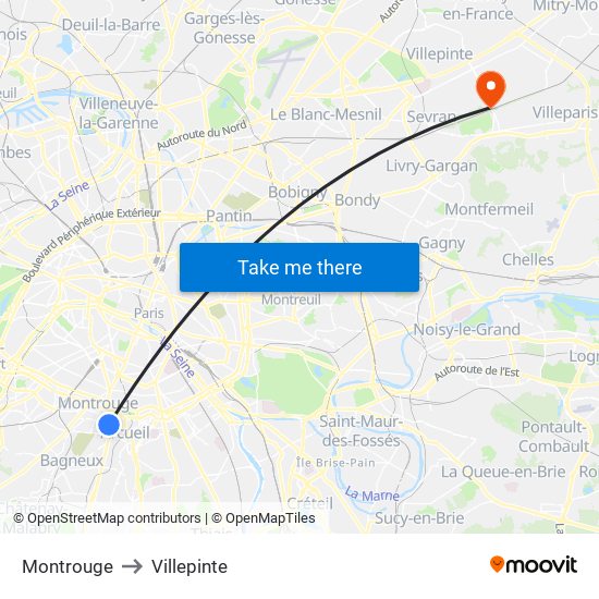 Montrouge to Villepinte map