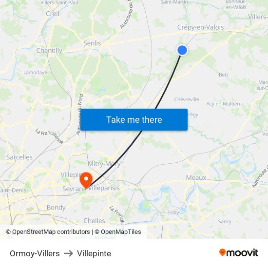 Ormoy-Villers to Villepinte map