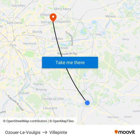 Ozouer-Le-Voulgis to Villepinte map