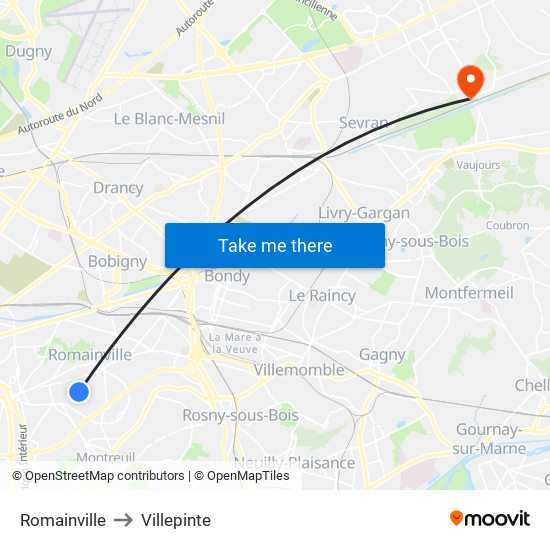 Romainville to Villepinte map