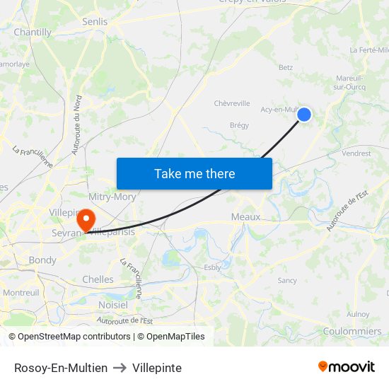 Rosoy-En-Multien to Villepinte map