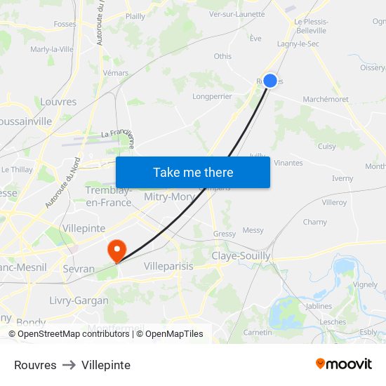 Rouvres to Villepinte map