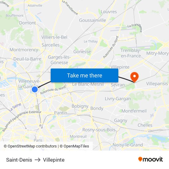 Saint-Denis to Villepinte map