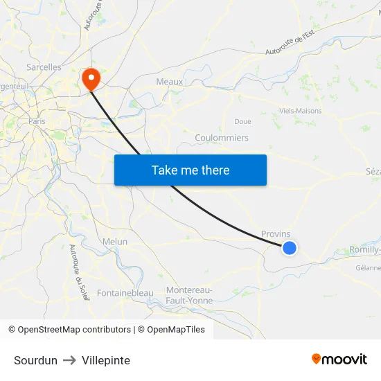 Sourdun to Villepinte map
