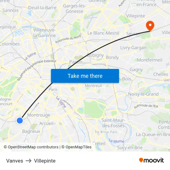 Vanves to Villepinte map
