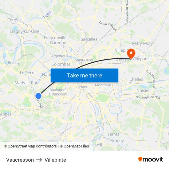Vaucresson to Villepinte map