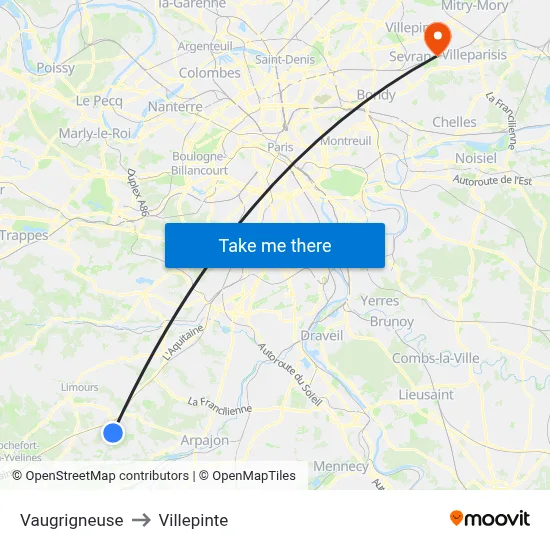 Vaugrigneuse to Villepinte map