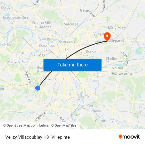 Velizy-Villacoublay to Villepinte map