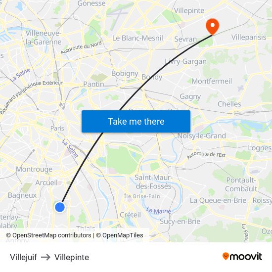 Villejuif to Villepinte map