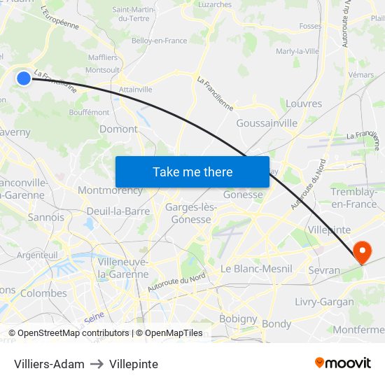 Villiers-Adam to Villepinte map